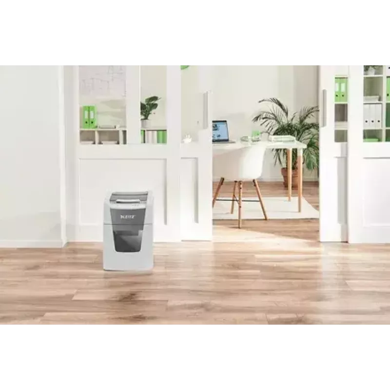 Paper shredder LEITZ IQ Autofeed Small Office 100, cross‑cut P-4, 8-sheet, 22 cm feed, 34 L bin, grey