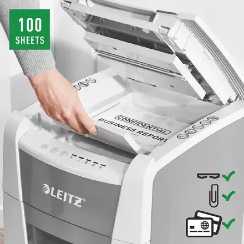 Paper shredder LEITZ IQ Autofeed Small Office 100, cross‑cut P-4, 8-sheet, 22 cm feed, 34 L bin, grey