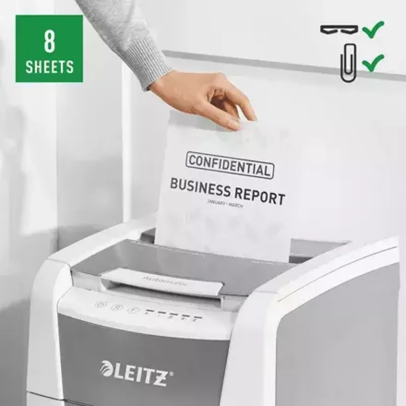 Paper shredder LEITZ IQ Autofeed Small Office 100, cross‑cut P-4, 8-sheet, 22 cm feed, 34 L bin, grey