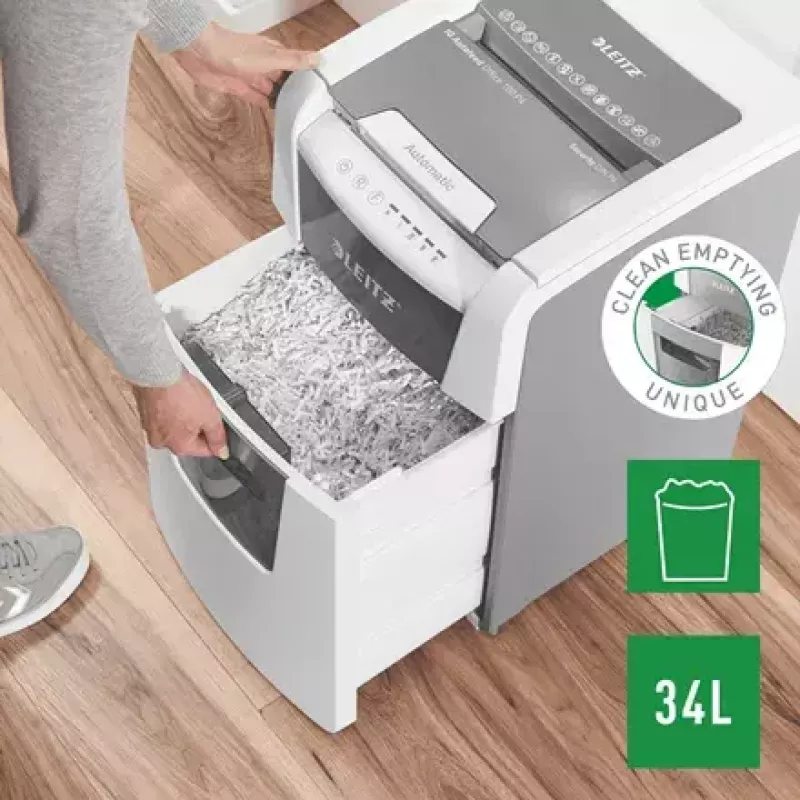 Paper shredder LEITZ IQ Autofeed Small Office 100, cross‑cut P-4, 8-sheet, 22 cm feed, 34 L bin, grey