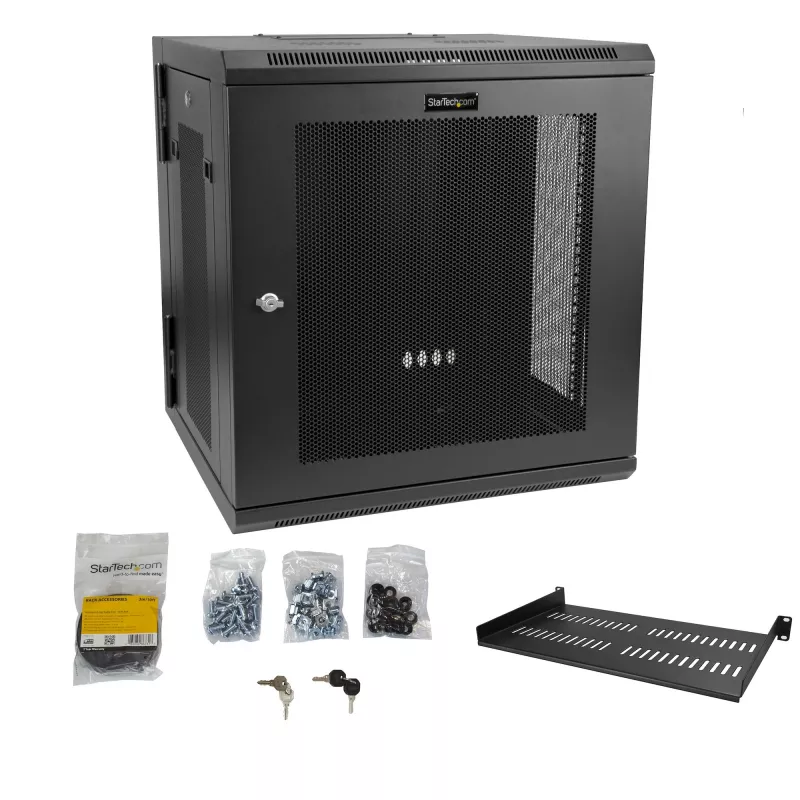 StarTech.com 4-Post 12U Wall Mount Network Cabinet with 1U Shelf, 19 inch Hinged Wall-Mounted Server Rack for Data / AV / Electronics / Computer Equipment, Flexible Vented Rack Enclosure
