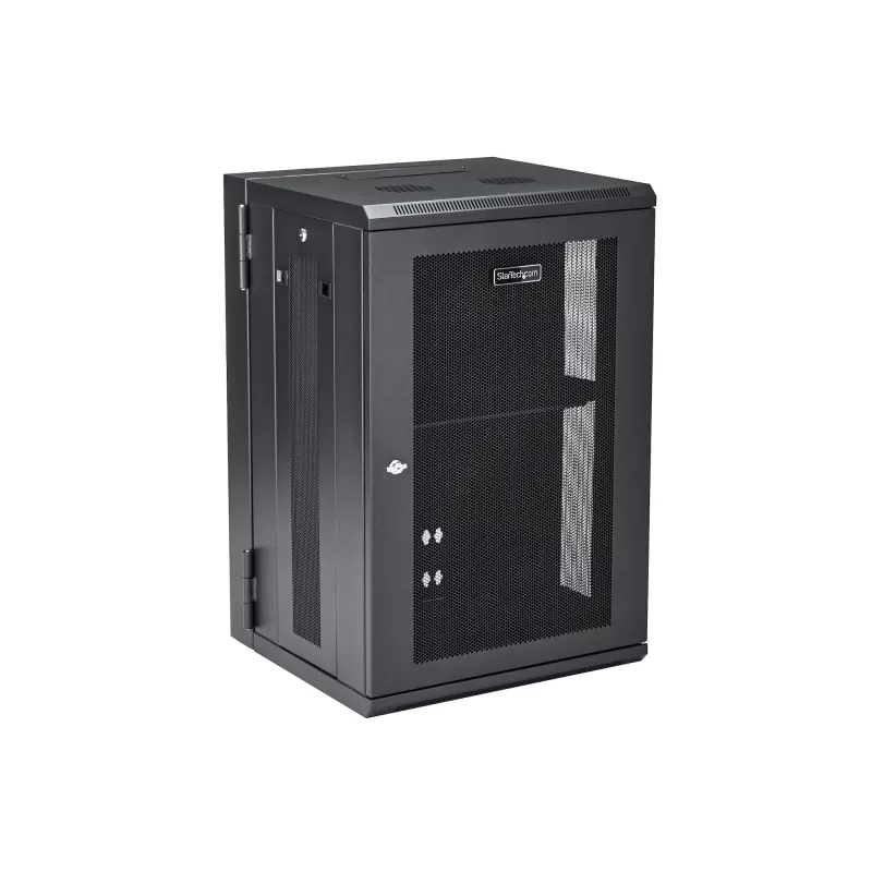 StarTech.com 18U 19 inch Wall Mount Network Cabinet, 16 inch Deep Hinged Locking Enclosure with 1U Shelf, Black (RK1820WALHM)