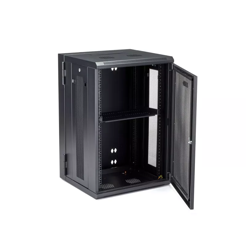 StarTech.com 18U 19 inch Wall Mount Network Cabinet, 16 inch Deep Hinged Locking Enclosure with 1U Shelf, Black (RK1820WALHM)