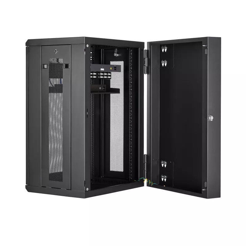 StarTech.com 18U 19 inch Wall Mount Network Cabinet, 16 inch Deep Hinged Locking Enclosure with 1U Shelf, Black (RK1820WALHM)