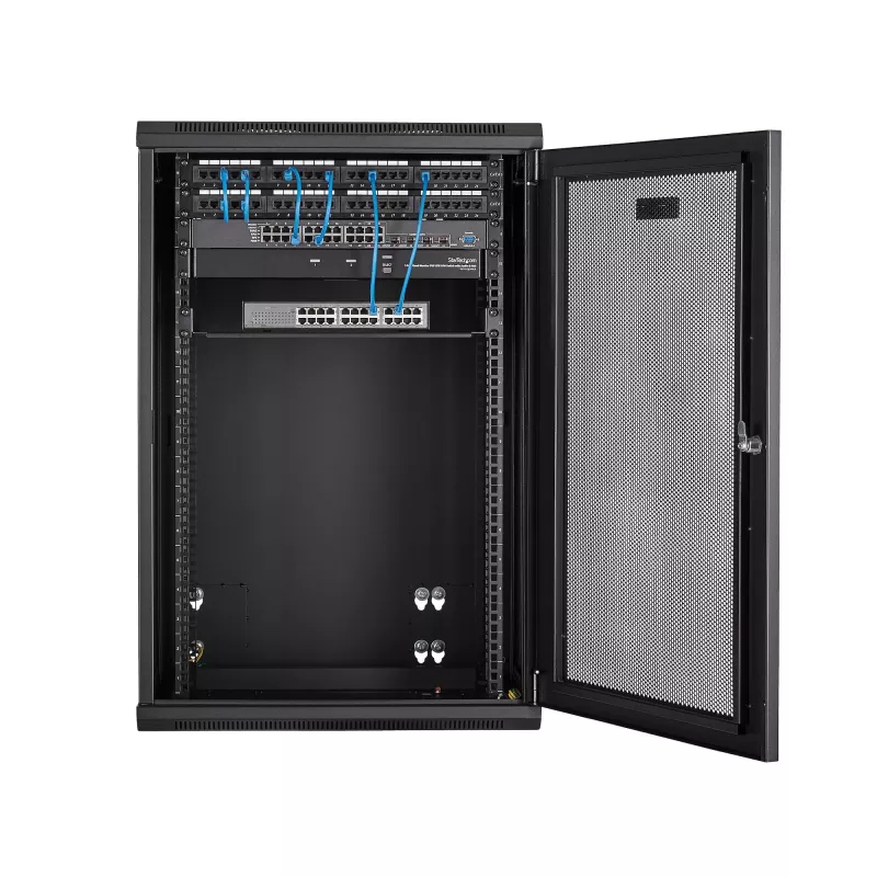 StarTech.com 18U 19 inch Wall Mount Network Cabinet, 16 inch Deep Hinged Locking Enclosure with 1U Shelf, Black (RK1820WALHM)