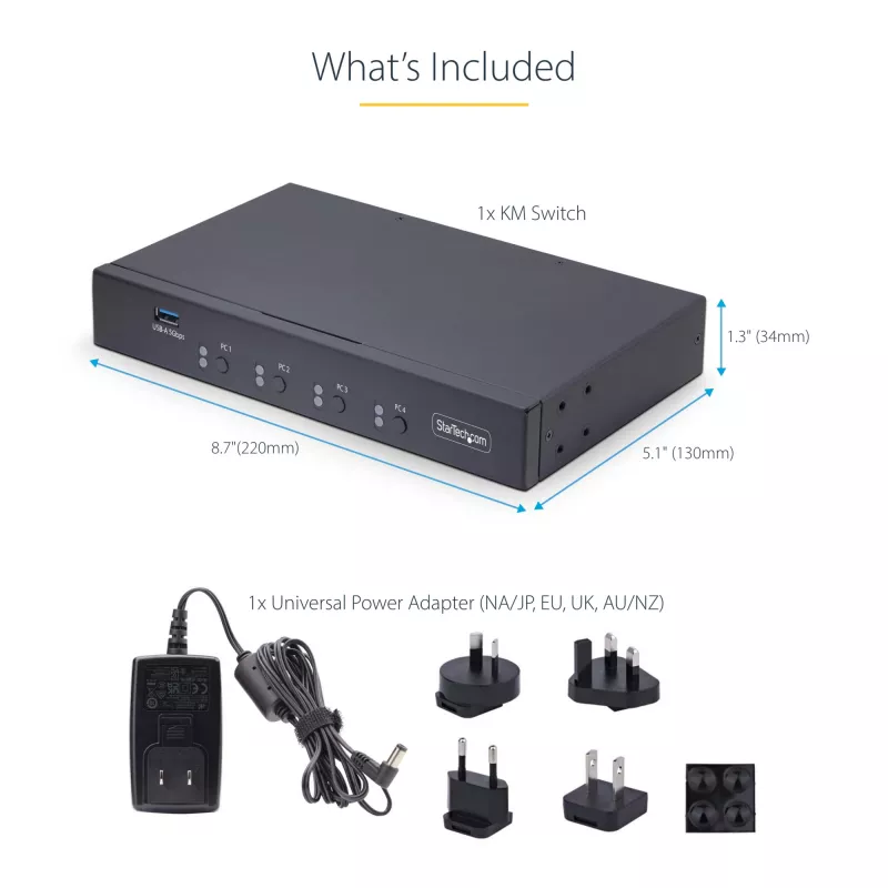 StarTech.com 4-Port KM Switch with Mouse Switching, USB Switch for Keyboard/Mouse, 3.5mm/USB Audio, Peripheral Sharing for 4 Computers, TAA Compliant