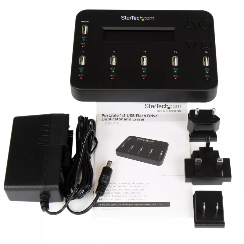 StarTech.com Standalone 1 to 5 USB Thumb Drive Duplicator and Eraser, Multiple USB Flash Drive Copier, System and File and Whole-Drive Copy at1.5 GB/min, Single and 3-Pass Erase, LCD Display - TAA