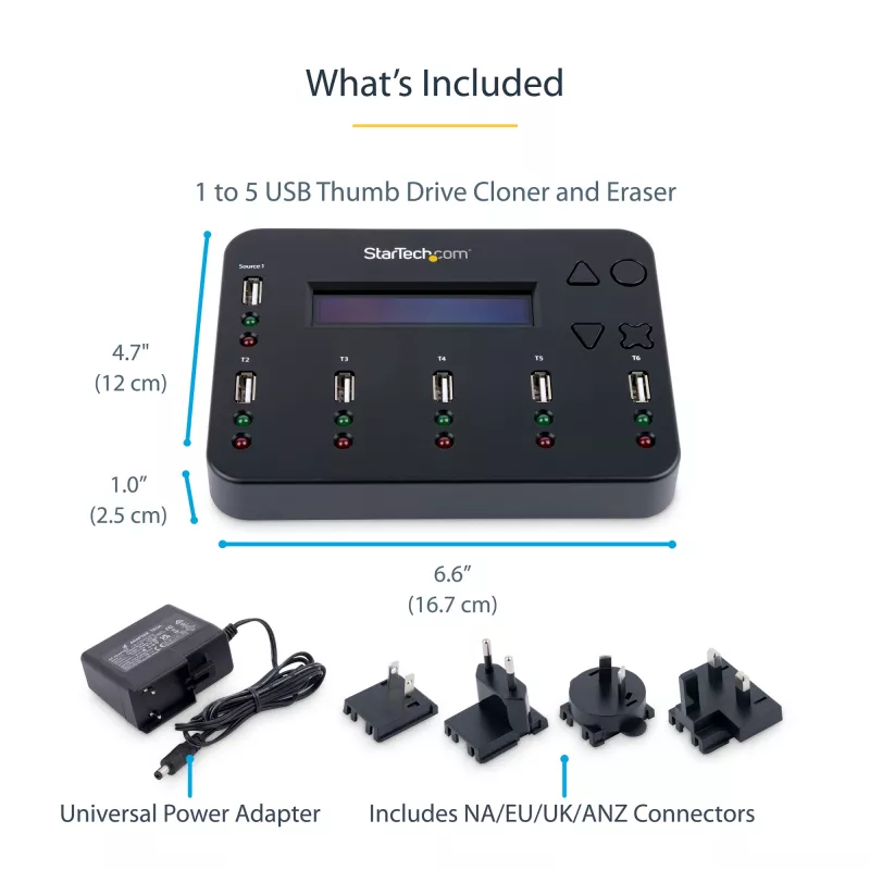 StarTech.com Standalone 1 to 5 USB Thumb Drive Duplicator and Eraser, Multiple USB Flash Drive Copier, System and File and Whole-Drive Copy at1.5 GB/min, Single and 3-Pass Erase, LCD Display - TAA