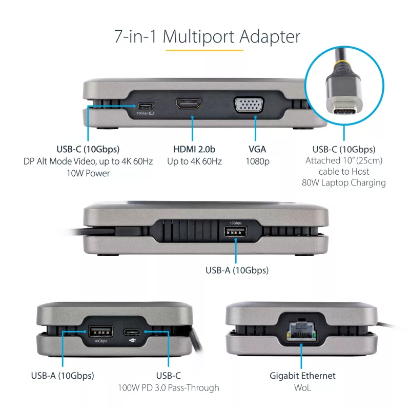 StarTech.com USB-C Dual Monitor Multiport Adapter up to 4K 60Hz USB-C DP Alt Mode Video Output & HDMI 2.0, or 1080p VGA, 100W PD Pass-Through, USB Type C Mini Dock, USB-C Docking Station, MST Hub