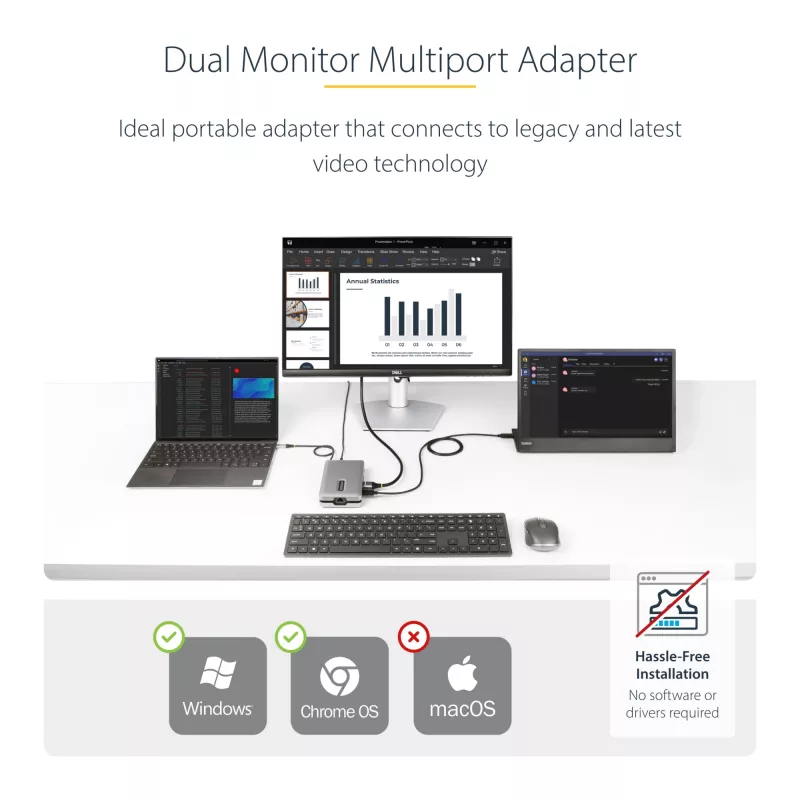 StarTech.com USB-C Dual Monitor Multiport Adapter up to 4K 60Hz USB-C DP Alt Mode Video Output & HDMI 2.0, or 1080p VGA, 100W PD Pass-Through, USB Type C Mini Dock, USB-C Docking Station, MST Hub