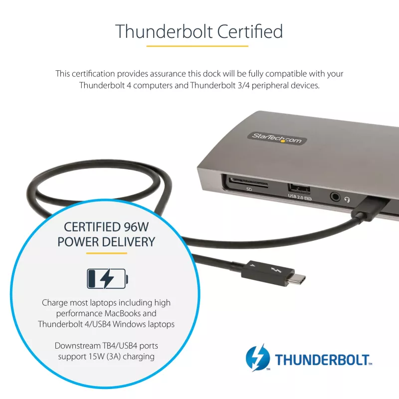 StarTech.com Thunderbolt 4 Dock, 96W Power Delivery, Single 8K/Dual Monitor 4K 60Hz, 3xTB4/USB4 ports, 4xUSB-A, SD, GbE, Thunderbolt 4 Docking Station for Windows or TB3 MacBook, 0.8m Cable