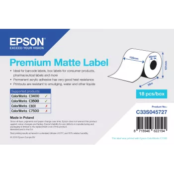 Epson Premium Matte Label - Continuous Roll: 105mm x 35m, White, Self-adhesive printer label, Continuous label, Acrylic, Permanent, Matte
