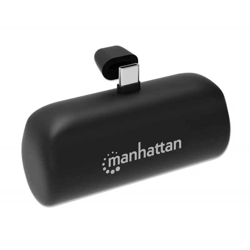 Manhattan Power Bank with integrated USB-C plug, 5000 mAh, Up to 10W output, Kickstand for Use as Charging Phone Holder, Black, One Year Warranty