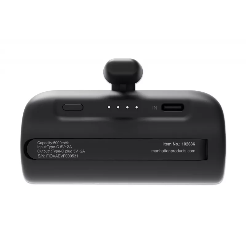 Manhattan Power Bank with integrated USB-C plug, 5000 mAh, Up to 10W output, Kickstand for Use as Charging Phone Holder, Black, One Year Warranty