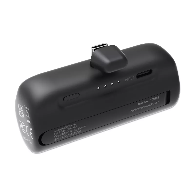 Manhattan Power Bank with integrated USB-C plug, 5000 mAh, Up to 10W output, Kickstand for Use as Charging Phone Holder, Black, One Year Warranty