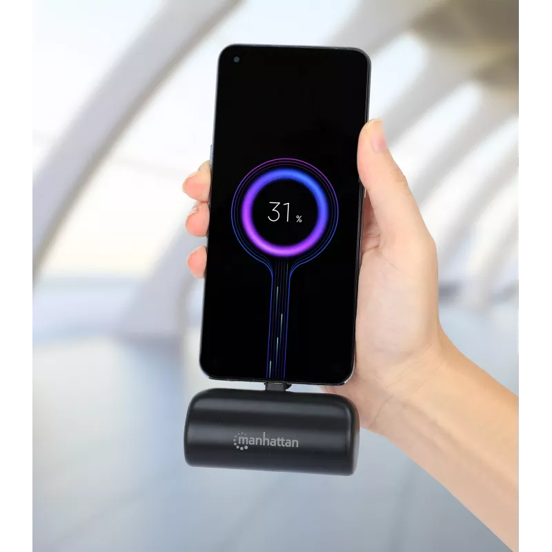 Manhattan Power Bank with integrated USB-C plug, 5000 mAh, Up to 10W output, Kickstand for Use as Charging Phone Holder, Black, One Year Warranty