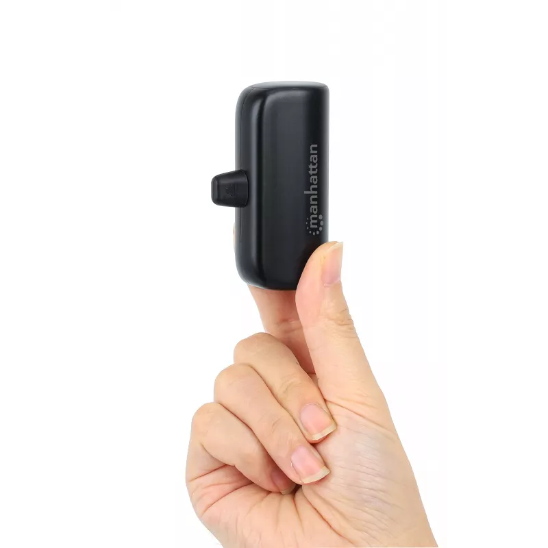 Manhattan Power Bank with integrated USB-C plug, 5000 mAh, Up to 10W output, Kickstand for Use as Charging Phone Holder, Black, One Year Warranty