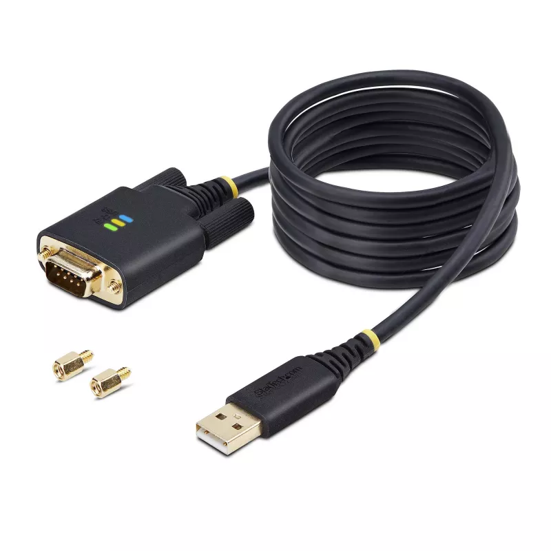 StarTech.com 6.6ft (2m) USB to Serial Adapter Cable, COM Retention, Interchangeable Screws/Nuts, USB-A to DB9 RS232, FTDI IC, ESD Protection, Windows/macOS/Linux