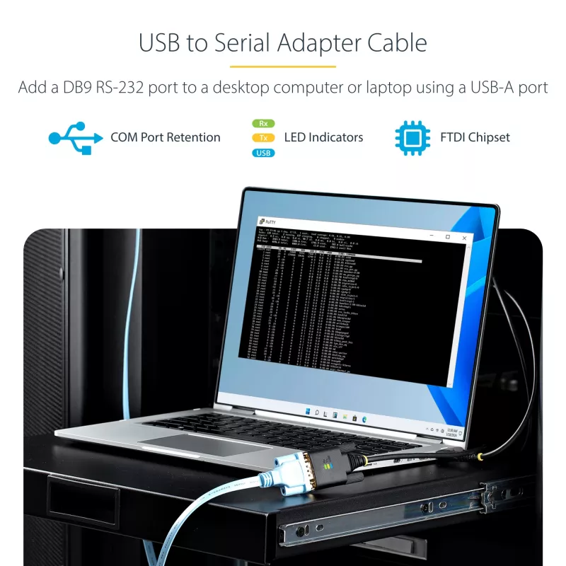 StarTech.com 6.6ft (2m) USB to Serial Adapter Cable, COM Retention, Interchangeable Screws/Nuts, USB-A to DB9 RS232, FTDI IC, ESD Protection, Windows/macOS/Linux