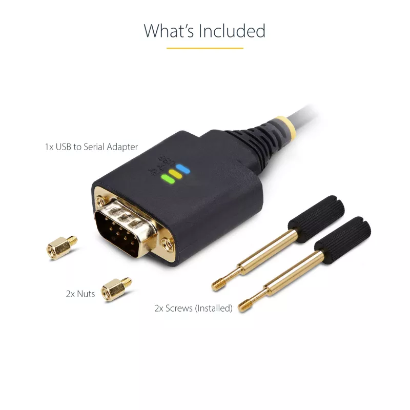 StarTech.com 6.6ft (2m) USB to Serial Adapter Cable, COM Retention, Interchangeable Screws/Nuts, USB-A to DB9 RS232, FTDI IC, ESD Protection, Windows/macOS/Linux