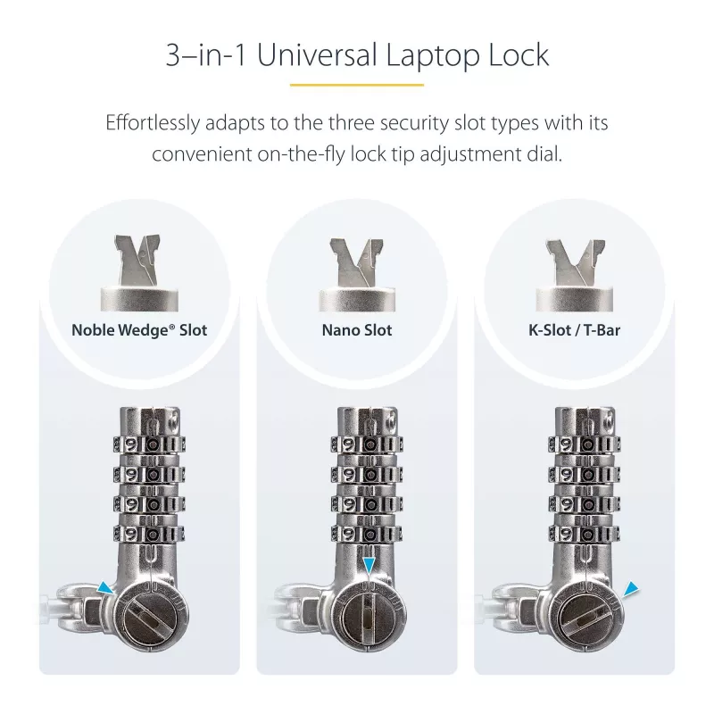 StarTech.com Universal Laptop Cable Lock 6.6ft (2m), Serialized Security Cable for Notebook, Compatible w/Noble Wedge®/Nano/K-Slot; Keyless Combination Cable, TAA