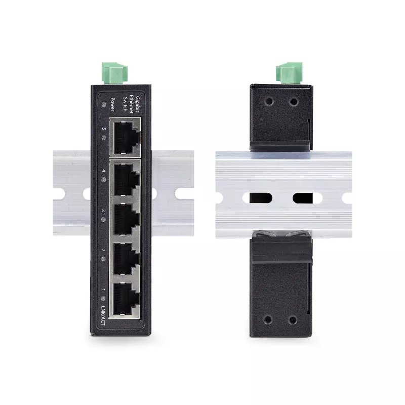 StarTech.com 5-Port Unmanaged Industrial Network Switch, 100/1000 Ethernet, DIN Rail/Wall-Mountable, Rugged IP30 Gigabit Switch, -40F-167F, 9~60V DC, TAA Compliant