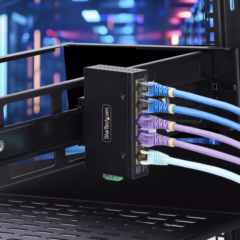 StarTech.com 5-Port Unmanaged Industrial Network Switch, 100/1000 Ethernet, DIN Rail/Wall-Mountable, Rugged IP30 Gigabit Switch, -40F-167F, 9~60V DC, TAA Compliant
