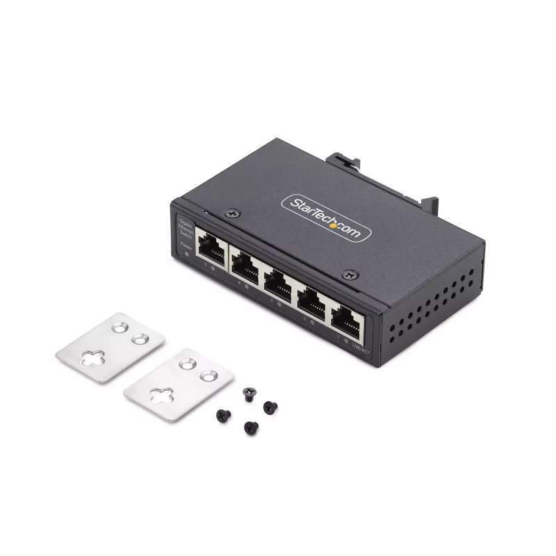 StarTech.com 5-Port Unmanaged Industrial Network Switch, 100/1000 Ethernet, DIN Rail/Wall-Mountable, Rugged IP30 Gigabit Switch, -40F-167F, 9~60V DC, TAA Compliant