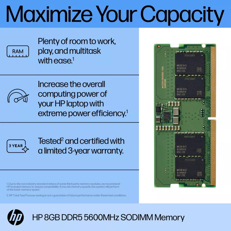 HP 8GB DDR5 5600 SODIMM Memory, 8 GB, 1 x 8 GB, DDR5, 262-pin SO-DIMM