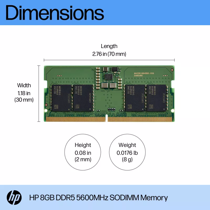HP 8GB DDR5 5600 SODIMM Memory, 8 GB, 1 x 8 GB, DDR5, 262-pin SO-DIMM