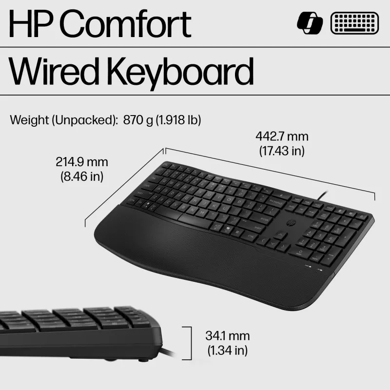HP 485 Comfort Wired Keyboard Full-size USB Membrane with Wrist Rest