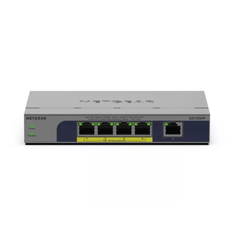 NETGEAR GS105PP Unmanaged Gigabit Ethernet (10/100/1000) Power over Ethernet (PoE) Desktop/Wall-Mounting Grey