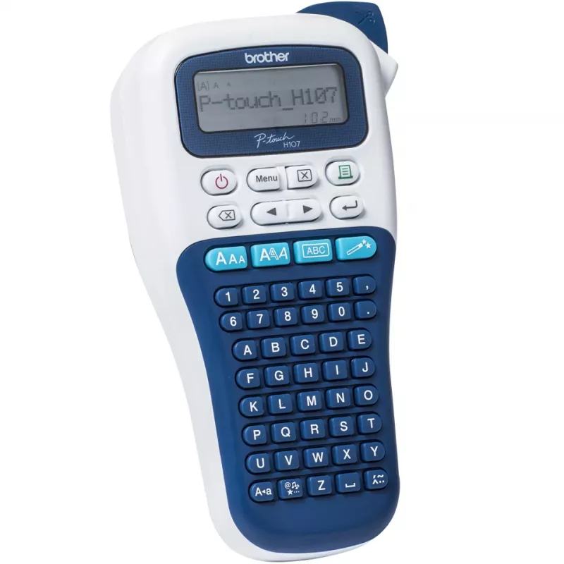 Label printer Brother PT-H107B — thermal transfer, 180×180 DPI, 20 mm/s, TZe tapes 3.5/6/9/12 mm, LCD, AAA battery