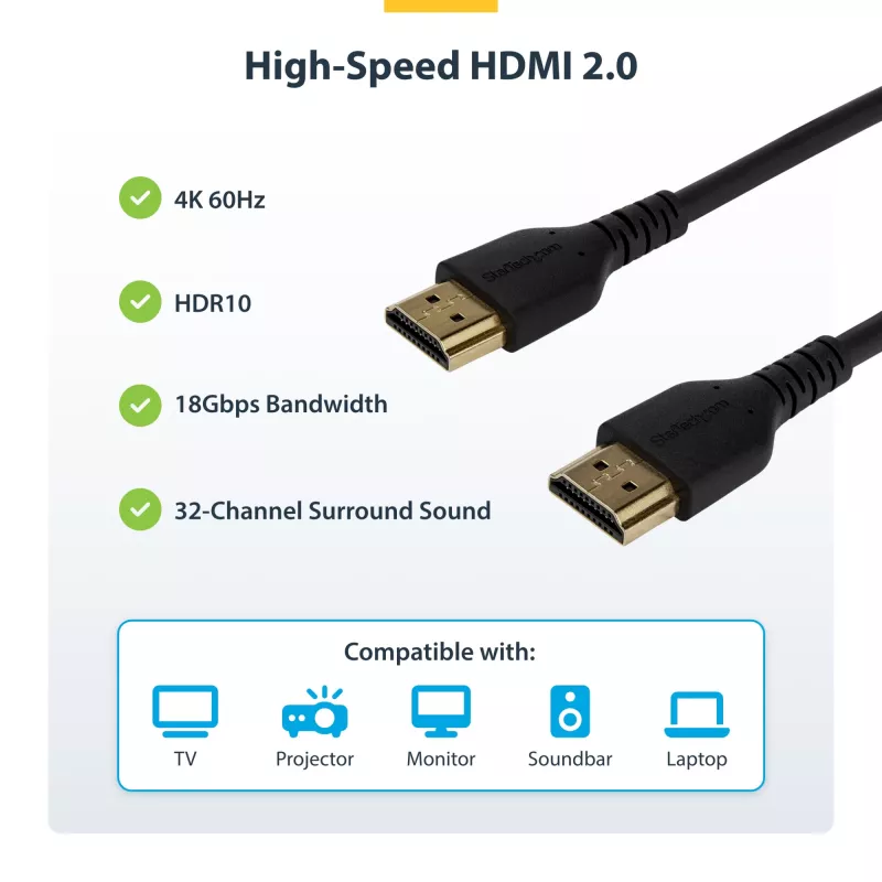 StarTech.com 5ft (1.5m) Slim HDMI 2.0 Cable, Flexible Premium Certified HDMI Cord with Ethernet, UHD 4K 60Hz HDR10, Durable Aramid Fiber Design with TPE Jacket