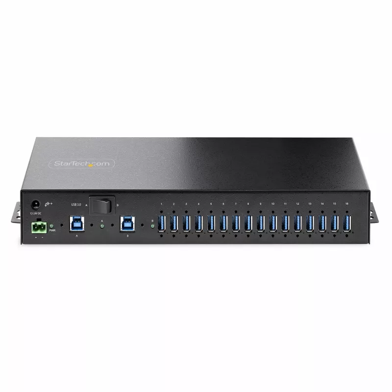 StarTech.com 16-Port Industrial USB 5Gbps Hub with Power Adapter, Metal Enclosure, Mountable, ESD Protection, Terminal Block Power, USB Charging, Dual-Host Switch - TAA