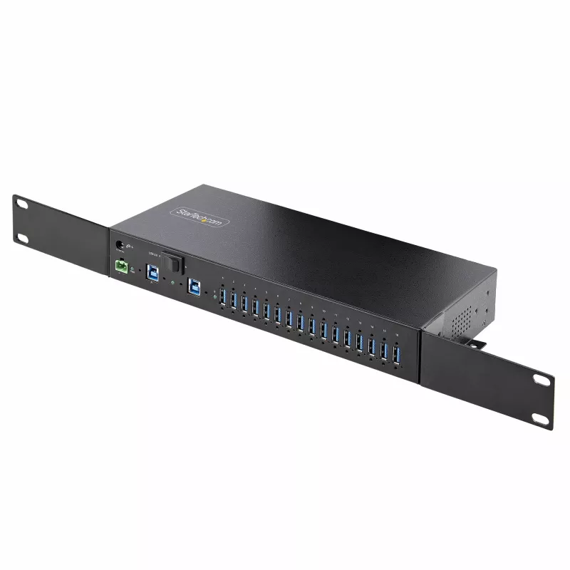 StarTech.com 16-Port Industrial USB 5Gbps Hub with Power Adapter, Metal Enclosure, Mountable, ESD Protection, Terminal Block Power, USB Charging, Dual-Host Switch - TAA