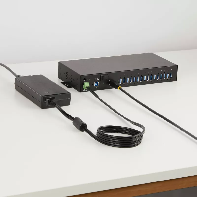 StarTech.com 16-Port Industrial USB 5Gbps Hub with Power Adapter, Metal Enclosure, Mountable, ESD Protection, Terminal Block Power, USB Charging, Dual-Host Switch - TAA