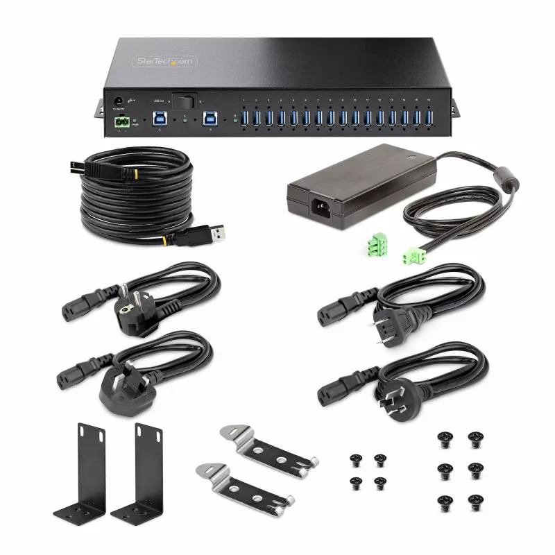 StarTech.com 16-Port Industrial USB 5Gbps Hub with Power Adapter, Metal Enclosure, Mountable, ESD Protection, Terminal Block Power, USB Charging, Dual-Host Switch - TAA