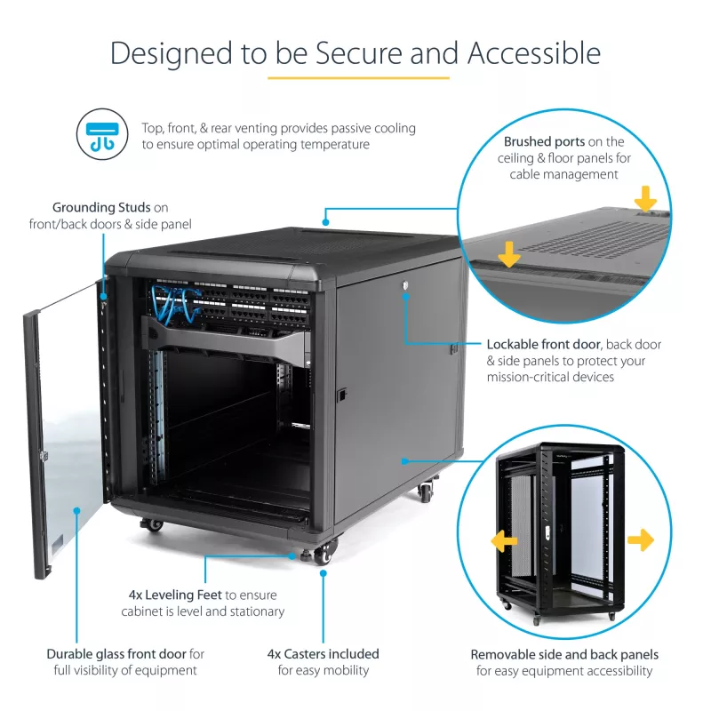 StarTech.com RK1236BKF 12U 19 inch Server Rack Cabinet with Lockable Mesh Doors, Casters, 800 kg Load Capacity, Black