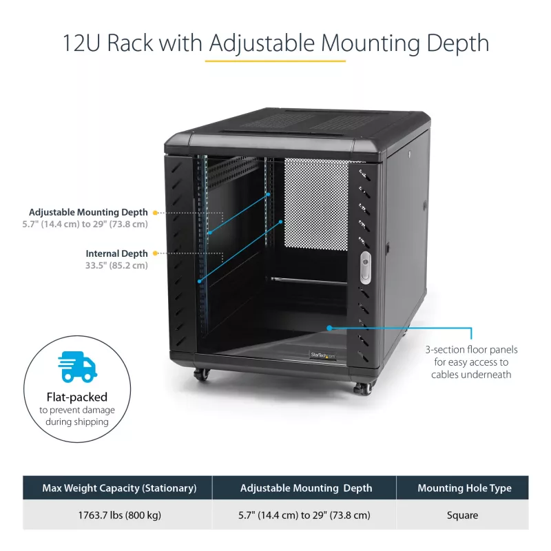 StarTech.com RK1236BKF 12U 19 inch Server Rack Cabinet with Lockable Mesh Doors, Casters, 800 kg Load Capacity, Black