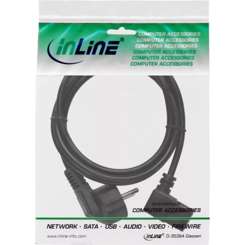 InLine power cable, CEE 7/7 angled / 3pin IEC C13 male angled, 0.5m