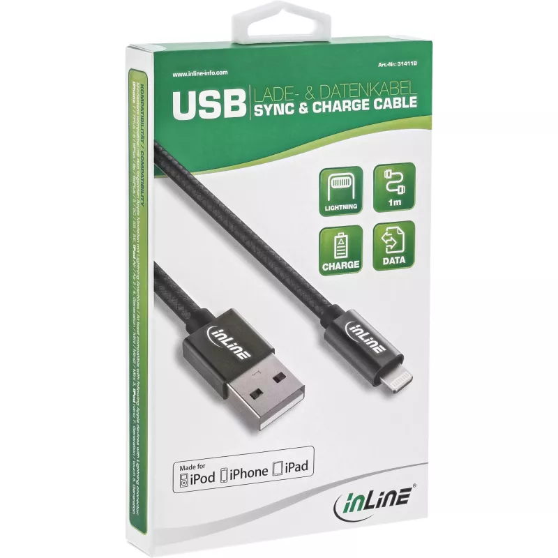 InLine Lightning USB Cable, for iPad, iPhone, iPod, black/alu, 2m MFi-Certified