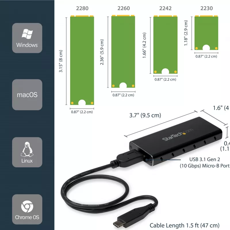 StarTech.com M.2 SSD Enclosure for M.2 SATA SSDs - USB 3.1 (10Gbps) with USB-C Cable