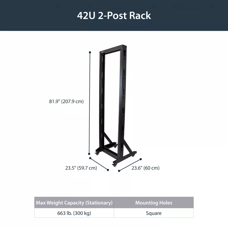 StarTech.com 2-Post 42U Mobile Open Frame Server Rack, Two Post 19in Network Rack with Wheels, Rolling Open Rack for AV/Data/Media/IT Equipment, Computer Rack for Home/Office Spaces - Casters Included