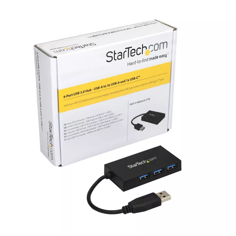 StarTech.com 4 Port USB 3.0 Hub - USB Type-A Hub with 1x USB-C & 3x USB-A Ports (SuperSpeed 5Gbps) - USB Bus Powered - USB 3.1 Gen 1 Adapter Hub - Portable/Laptop USB Hub~4 Port USB 3.0 Hub - USB Type-A Hub with 1x USB-C & 3x USB-A Ports (SuperSpeed 5Gbps) - USB Bus Powered - USB 3.2 Gen 1 Adapter Hub - Portable/Laptop USB Hub