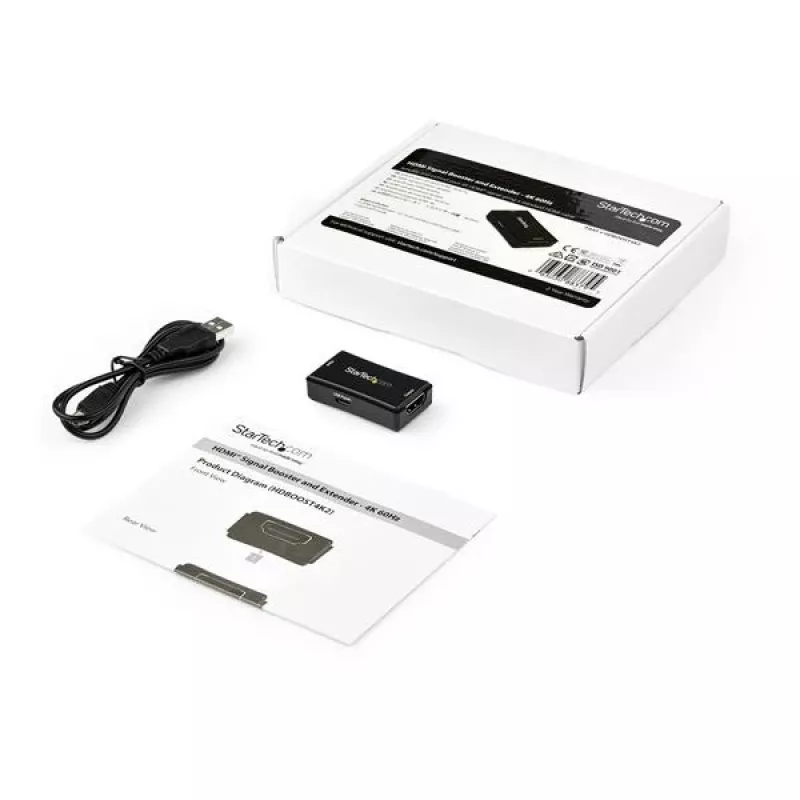 StarTech.com 45 ft. (14 m) HDMI Signal Booster - 4K 60Hz, 3840 x 2160 pixels, AV repeater, 14 m, Black, HDCP