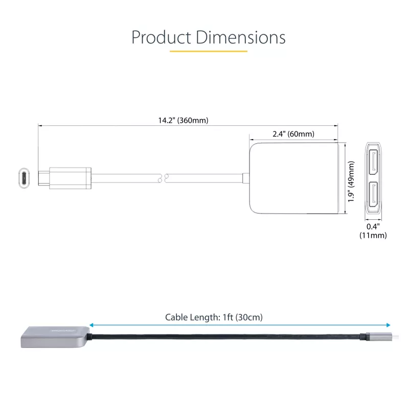 StarTech.com USB-C to Dual Displayport 1.4 Adapter, USB Type-C Multi-Monitor MST Hub, Dual 5K 60Hz DP Laptop Display Extender / Splitter, HDR, Extra-Long Built-In Cable - Windows Only