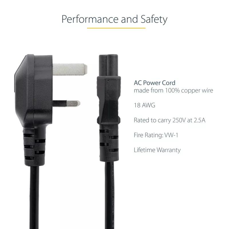 StarTech.com 3ft (1m) UK Laptop Power Cable, BS 1363 to C5 (Clover Leaf), 2.5A 250V, 18AWG, UK Laptop Replacement Cord, Printer Power Cable, Laptop Charger Cord, Laptop Power Brick Cord