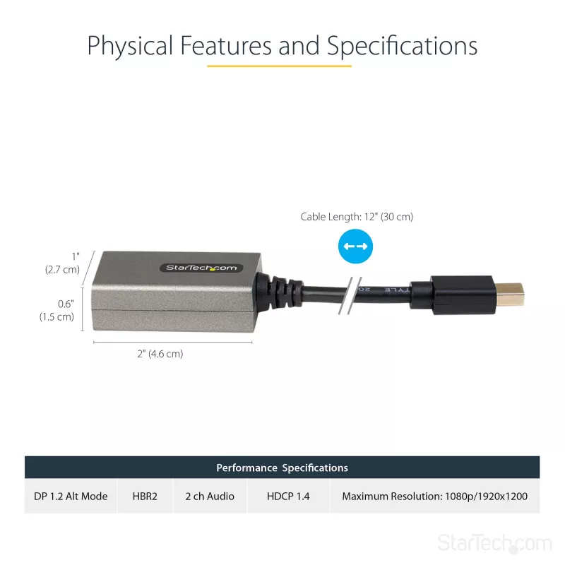 StarTech.com Mini DisplayPort to HDMI Adapter - mDP to HDMI Adapter Dongle - 1080p - Mini DisplayPort 1.2 to HDMI Monitor/Display - Mini DP to HDMI Video Converter - 12 inch Long Attached Cable - Upgraded Version of MDP2HDMI