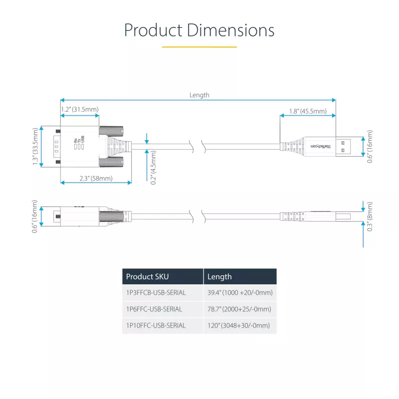 StarTech.com 10ft (3m) USB to Serial Adapter Cable, COM Retention, Interchangeable Screws/Nuts, USB-A to DB9 RS232, FTDI IC, ESD Protection, Windows/macOS/Linux